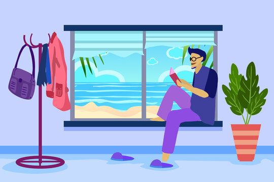 Man wear eyeglasses reading a book sit on window frame with monstera in pot and cloth hanger in the room which have sea and beach on back ground for vacation summer concept,illustration picture