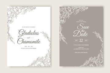 Fototapeta na wymiar Wedding invitation card template design. Template, Frame with Flowers, Branches, Plants.