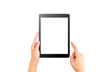 Technology Concept. Hands using a mock up black Tablet and use finger to point at the screen on white background and clipping path