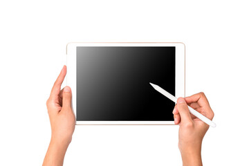 Technology Concept. Hands using Tablet with a digital pencil on white background and clipping path...