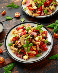 Antipasto salad with pasta, tomato, olives, red onion, bell pepper, salami, cheese, artichoke and basil.