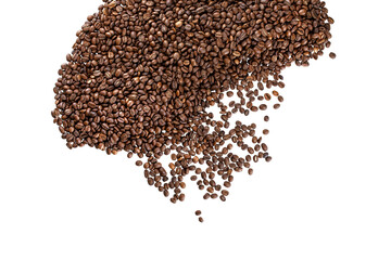 Scattered roasted coffee beans on white background, isolated