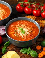Seasonal vegetables classic minestrone soup with pasta served with cheese, grilled sour dough bread and basil leaves