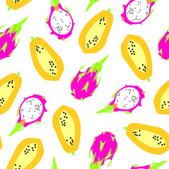 Seamless pattern with dragon fruit and papaya. Vector illustration.