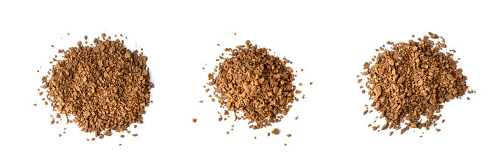 Heaps of instant coffee isolated on white background, various, top view