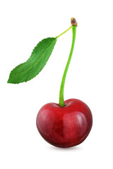 One cherry with leaf isolated on white background.