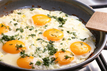 Close-up photo of scrambled eggs in black frying pan