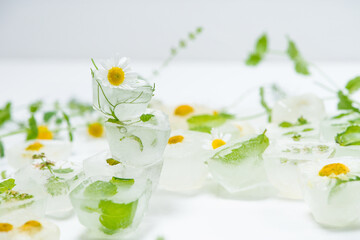 cosmetic ice cubes with chamomile and mint for home care applies to the face. The concept of skin care. cosmetics with herbs on a light background