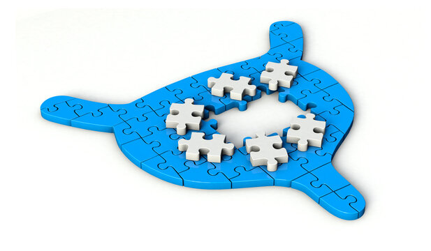 Puzzle pieces in shape of Bladder. Bladder shaped jigsaw 3d illustration isolated on white background.