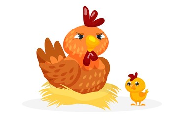 Poultry bird. Mother hen sitting in straw nest and little baby chicken vector illustration. Farm creature fowl family icon isolated on white background