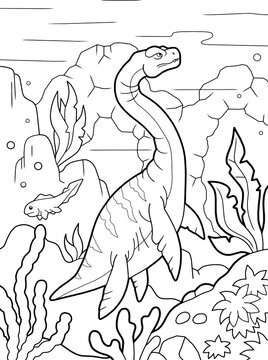 cartoon prehistoric dinosaur plesiosaurus, coloring book, funny illustration