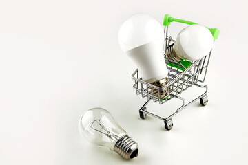 The concept of modern economical lighting. Energy-saving light bulbs are placed in a basket on...