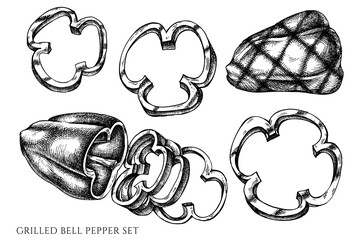 Vector set of hand drawn black and white grilled bell pepper