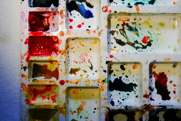 Top view of watercolour palette. Vibrant colours used on the palette. Shot at Howrah, West Bengal, India.