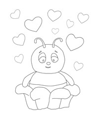 The outline of a bee sitting in a flower and surrounded by hearts. Cartoon hand drawn illustration.