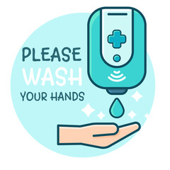 Protruding hands to receive drops of alcohol gel to wash hands With the message please wash your hands.