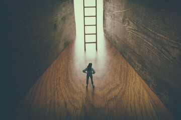 business concept picture of challenge. A woman stands infront of a a ladder. Problem solving and...