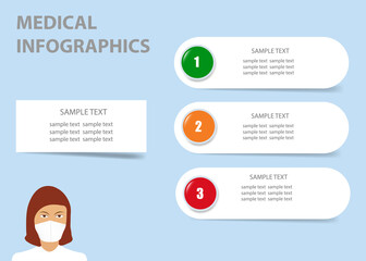 Medical infographics showing doctor with medical mask and three horizontal white blank paper labels ready for your text. 