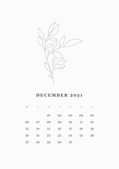 12 of 13 - DECEMBER Month, Flowers Line Art Calendar 2021 Year. Floral Illustrations Clean and Simple Calendar 2021 Design Vector Template Set. Printable and Editable Desk Planner 2021.
