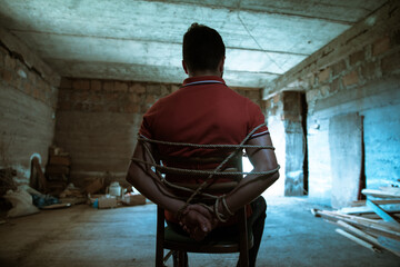 tied man in abandoned building