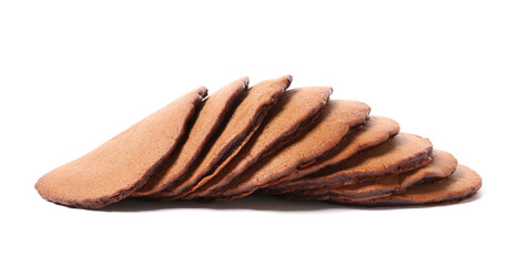 Delicious chocolate pancakes on white background