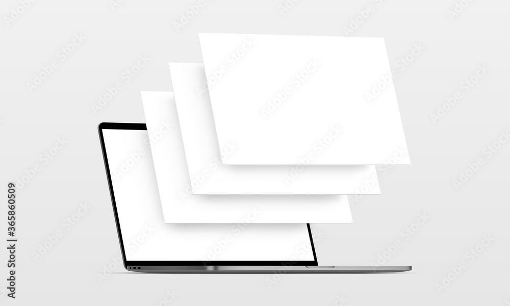 Poster laptop computer mockup with blank wireframing pages. concept for showcasing web-design projects. vec