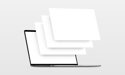 Laptop computer mockup with blank wireframing pages. Concept for showcasing web-design projects. Vector illustration