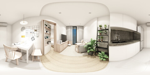 Living area in condominium modern wooden style interior room 3d rendering 360 degree view panorama