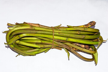 Fresh bunch of colocasia stem or taro stolon on white background.