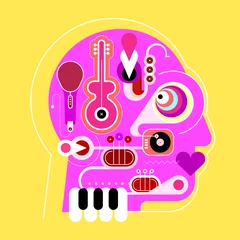 Wall murals Abstract Art Human head shape design consisting with a different musical instruments vector illustration. Vibrant magenta head silhouette isolated on a yellow background. Crazy music lover.