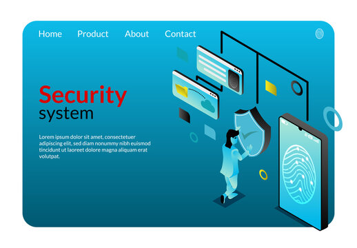 A young people save document , isometric concept art , protection technology business on mobile fingerprint
