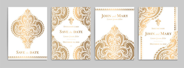 White invitation card with luxury gold pattern design on a grey background. Vintage ornament template. Can be used for flyer, wallpaper, packaging or any desired idea. Elegant vector elements.