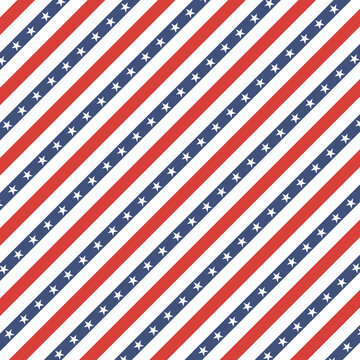 Striped blue, red and white with stars background. Diagonal lines seamless pattern.