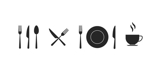 Kitchen utensil in black and white. Spoon, plate, fork, knife and cup sign. Isolated restaurant tools. Silhouette of cooking utensil. Service set of kitchen menu. Vector EPS 10.