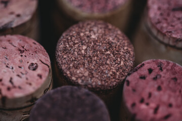 Close-up photo of red wine corks.