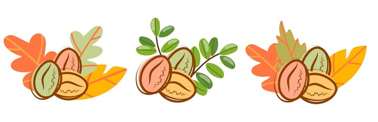 Vector banner with coffee beans and autumn leaves.
Beautiful Thanksgiving Decoration.
Three different coffee templates.
Autumn fall set.
Isolated flat design.