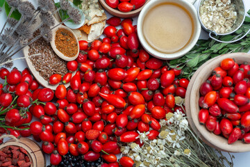 Medicinal plants and herbs composition: Dog rose, bunch branch Rosehips, types Rosa canina hips, essential oil. bunch, Tea with rosehip, Tansy, Anise, dried flowers of linden and chamomile