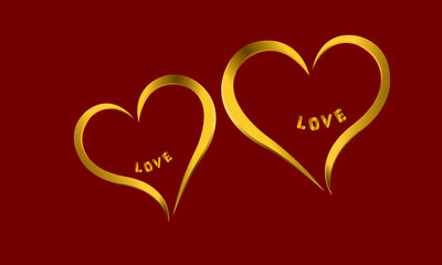 Two glittering gold hearts. Inside there is the word love. Is a symbol representing women and men. Falling in love.