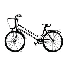 Vector hand-drawn bicycle. Black romantic bike with a basket, trendy, hipster, isolated object.