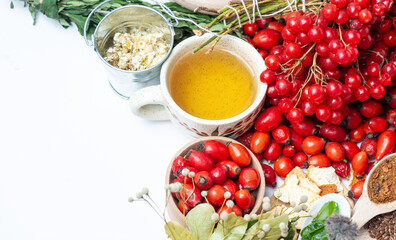 Medicinal plants and herbs composition: Dog rose, bunch branch Rosehips, types Rosa canina hips, essential oil. bunch, Tea with rosehip, Tansy, Anise, dried flowers of linden and chamomile