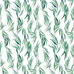 Seamless watercolor floral pattern with eucalyptus branches, perfect for wrappers, wallpapers, postcards, greeting cards, wedding invitations.
