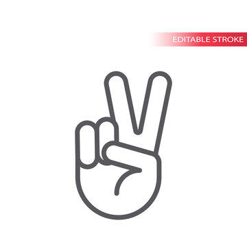 Peace hand gesture thin line vector icon. V or victory sign, outline, editable stroke.
