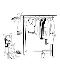 Outline drawing of clothes hanger in the interior of the room, sketch by hand with contour lines illustration