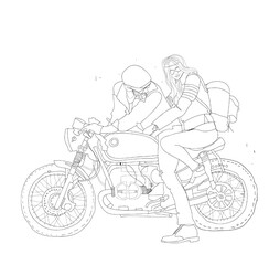 Continuous line drawing of a couple kiss with scooter motor bike. Vintage creative minimalist concept of romance.