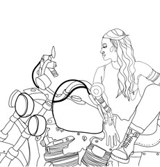 continuous single drawn one line girl woman is riding a motorbike motorcycle bike drawn by hand picture silhouette. Line art.