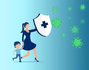Vector of a woman with a child holding knight shield to protect from COVID-19 viral infection