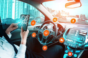 Driverless car interior with futuristic dashboard for autonomous control system . Inside view of...