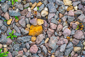 Background with gravel of cranite stones, mostly red granite. Background with stones and rare plant sprouts.