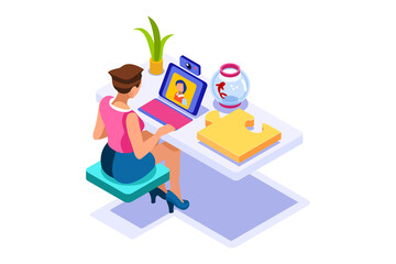 Woman work concept, quarantine space. Concept of home working, young woman with computer, people with laptops. Computers for young people at home on quarantine. Covid-19 Illustration Isometric Vector.