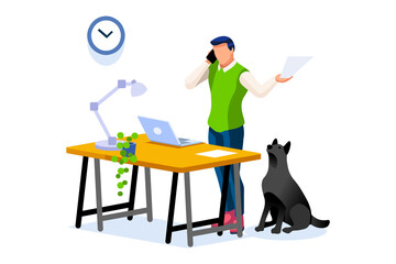 Man work concept, quarantine space. Concept of home working, young man with computer, people with laptops. Computers for young people at home on quarantine. Covid-19 Illustration Isometric Vector.